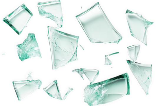 a scattering of sharp. jagged shards of broken glass on a transparent background the glass is clear and translucent. reflecting the light in a rainbow of colors