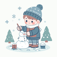 vector image of little boy playing in the snow in winter