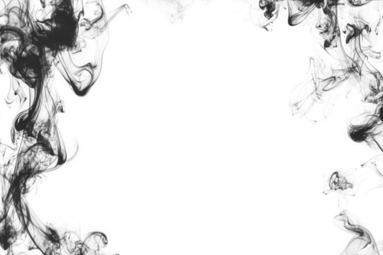 abstract black smoke or ink swirls frame on transparent background with copy space