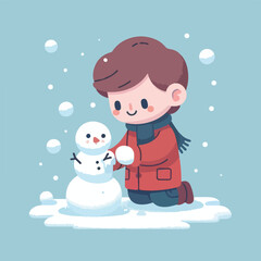 vector image of little boy playing in the snow in winter