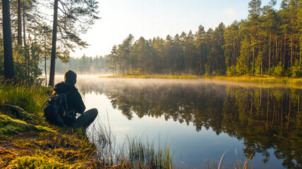 A tranquil forest lake surrounded by tall trees and lush greenery, enveloped in a misty morning atmosphere, perfect for meditation or nature-themed reflections and peaceful moments.