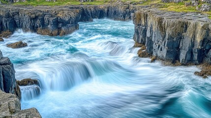 Flowing Water Over Rocky Terrain in Coastal Landscape Scene