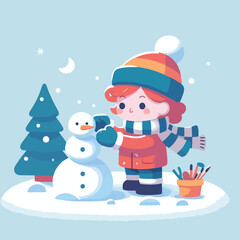 vector image of little boy playing in the snow in winter