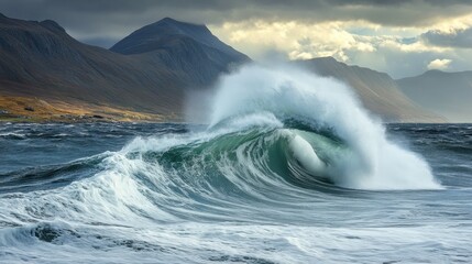 Obraz premium Majestic Ocean Wave Crashing against Rocky Shore under Dramatic Sky