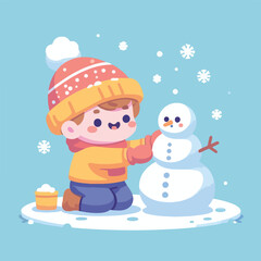 vector image of little boy playing in the snow in winter