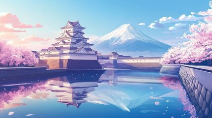 Obraz premium Serene landscape featuring a castle, cherry blossoms, and Mount Fuji reflected in water.