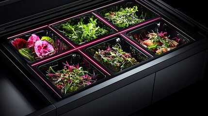 Illuminated display case with assorted fresh greens and vegetables.