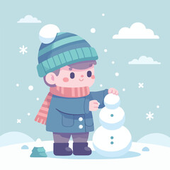 vector image of little boy playing in the snow in winter