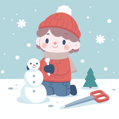 vector image of little boy playing in the snow in winter