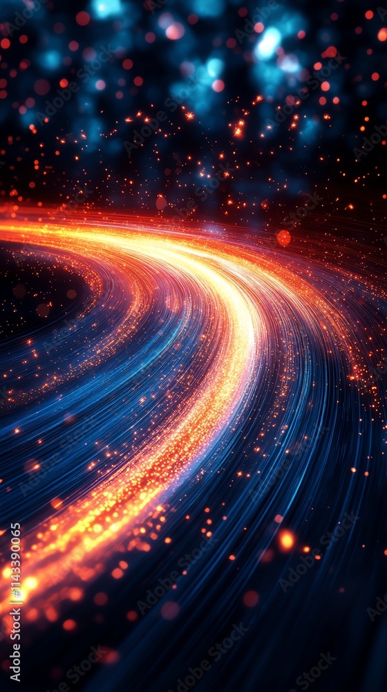 Poster a vibrant abstract representation of flowing light trails with glowing particles.