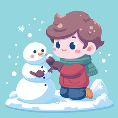 vector image of little boy playing in the snow in winter