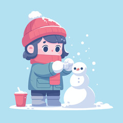 vector image of little boy playing in the snow in winter