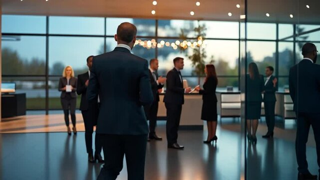Corporate Networking Event: Business professionals mingle and network in a modern, stylish office space. The image captures the energy and dynamism of corporate connections.