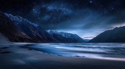 Fototapeta premium Night Skies and Serene Waters at a Remote Mountain Beach