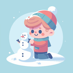 vector image of little boy playing in the snow in winter