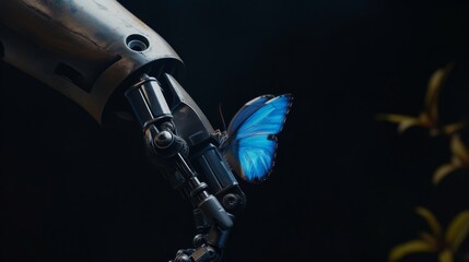 Fototapeta premium A detailed AI-generated image of a robotic hand gently holding a vivid blue butterfly against a dark, moody background. This visual symbolizes technology, nature, and delicate harmony. AI generated.