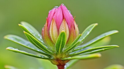 Elegant pink flower bud surrounded by green foliage with dew drops