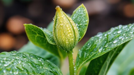 Fresh Green Bud with Water Droplets on Leaves in Nature