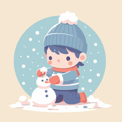 vector image of little boy playing in the snow in winter