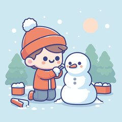 vector image of little boy playing in the snow in winter