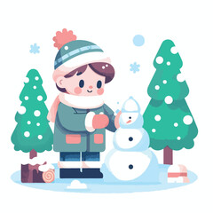 vector image of little boy playing in the snow in winter