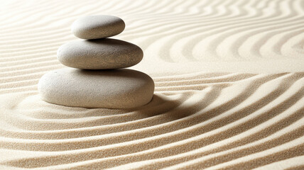 A tranquil Japanese zen garden featuring smooth raked sand and carefully placed stones, creating a peaceful and meditative atmosphere ideal for contemplation and relaxation in nature.
