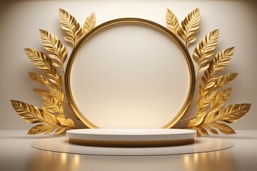 a close up of a round podium with a gold wreath