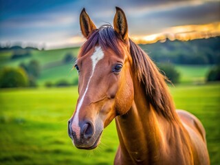 Obraz premium Horse Head Closeup, Green Pasture, Equine Portrait, Candid Photography, Blurred Background, Nature