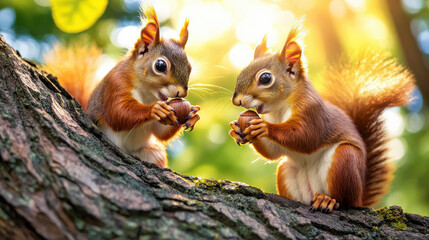 Two squirrels sharing acorn perched on tree branch, enjoying sunny day in nature. Their playful interaction brings joy and warmth to scene