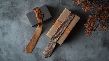 Two elegantly wrapped gift boxes with decorative ties on a textured surface.
