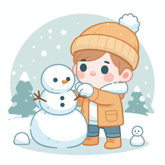 vector image of little boy playing in the snow in winter
