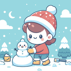 vector image of little boy playing in the snow in winter