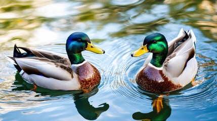 Fototapeta premium Ducks swimming together in serene pond, creating gentle ripples on water surface. Their vibrant colors and calm demeanor evoke sense of tranquility