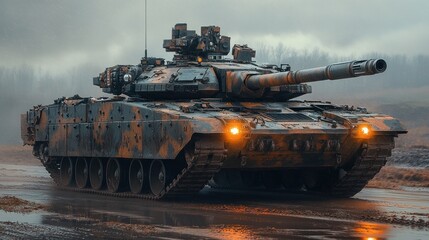 Camouflaged tank driving through muddy terrain.