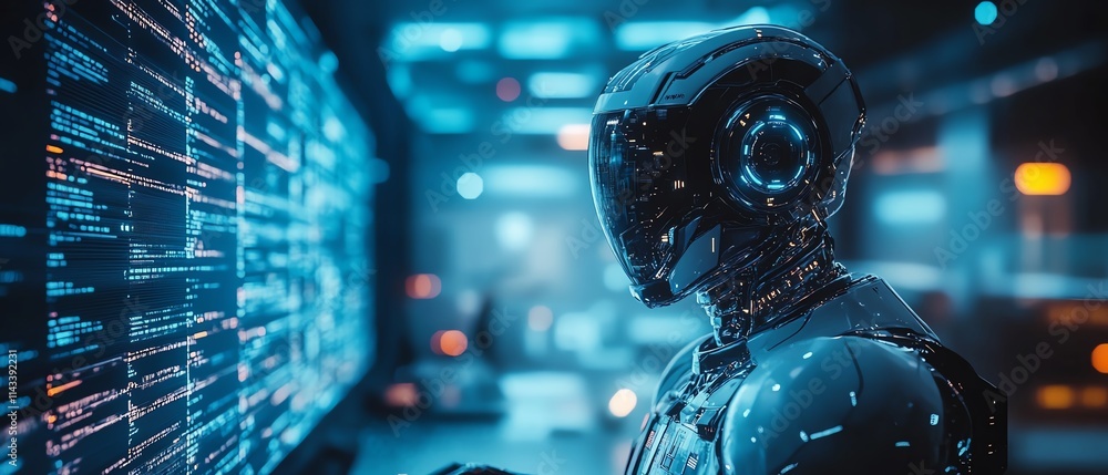 Poster a cyberpunk robot in a sleek suit working at a computer desk