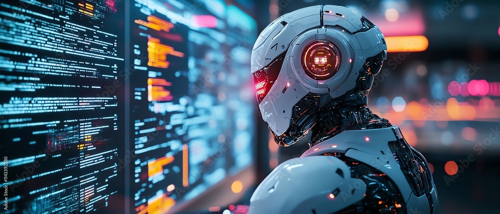 Poster a cyberpunk robot in a sleek suit working at a computer desk