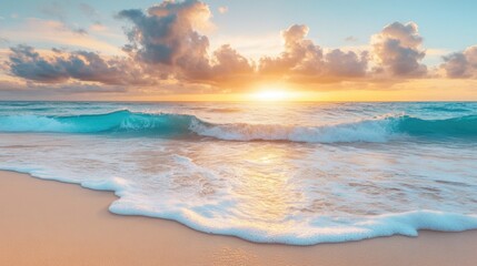 Obraz premium Serene Sunset Over Tranquil Waves on a Sandy Beach Shoreline