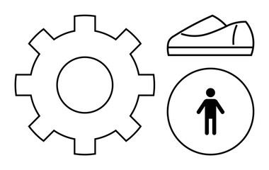 Gear icon, shoe outline, and stick figure person within a circle. Ideal for mechanical concepts, footwear, human resources, simplicity, minimalism, design elements, and user interfaces. Line metaphor