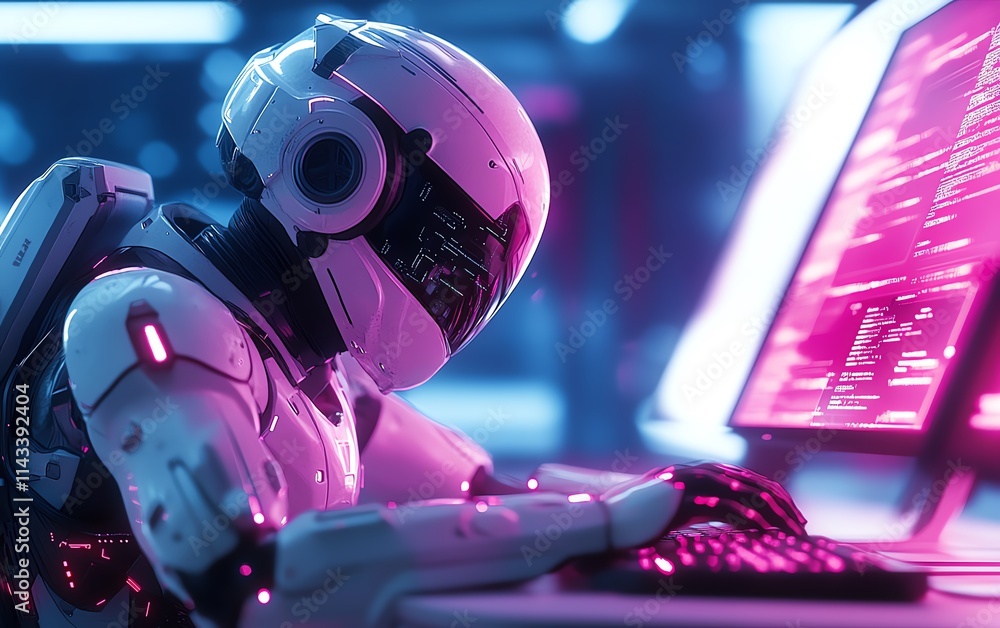 Poster a cyberpunk robot with a futuristic suit working diligently at a computer
