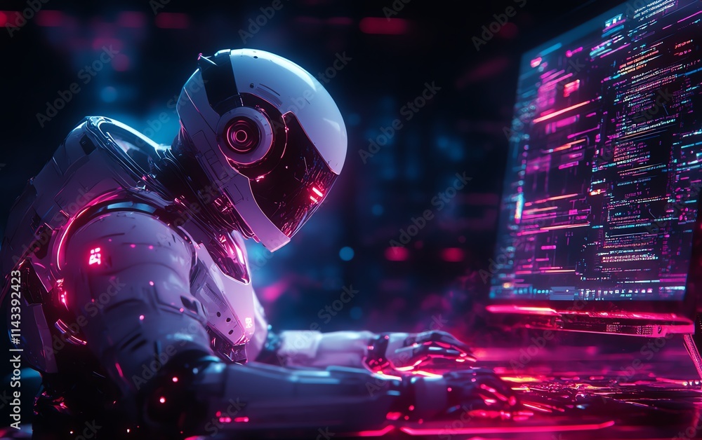 Poster a cyberpunk robot with a futuristic suit working diligently at a computer