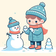 vector image of little boy playing in the snow in winter