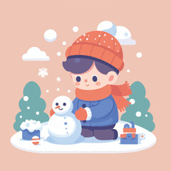 vector image of little boy playing in the snow in winter