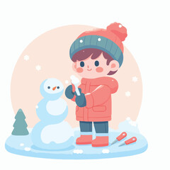 vector image of little boy playing in the snow in winter