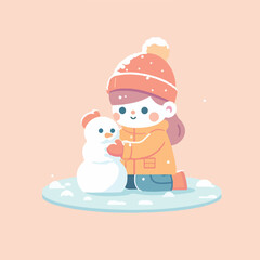 vector image of little boy playing in the snow in winter