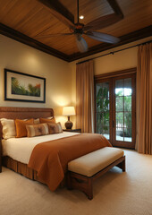 Fototapeta premium Tropical Ceiling Fan in Bedroom with Nightfall Whispers for Breezy Nights