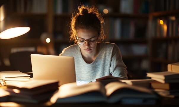 A student studying late at night with books and a laptop.