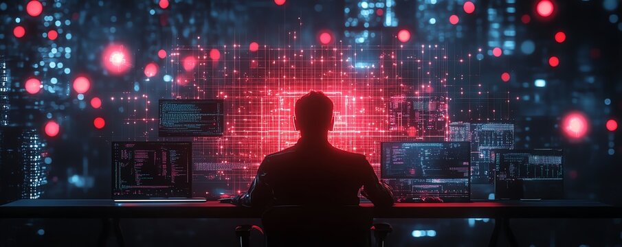 A futuristic robot in a sharp suit working on a hightech computer desk