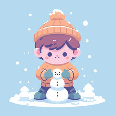 vector image of little boy playing in the snow in winter