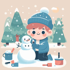 vector image of little boy playing in the snow in winter