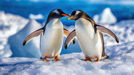 Obraz premium Gentle penguins standing on icy terrain, showcasing their playful interaction in serene winter landscape